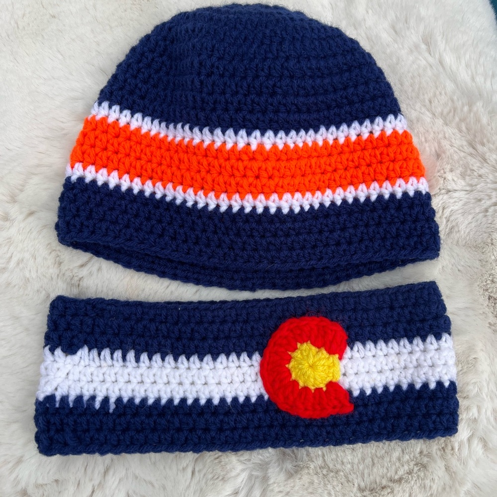 Colorado Headband and Denver Broncos colors Navy and Orange Crochet Hat